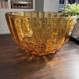 Vintage Amber Glass Bowl with Grapes and Grape Vine Detail
